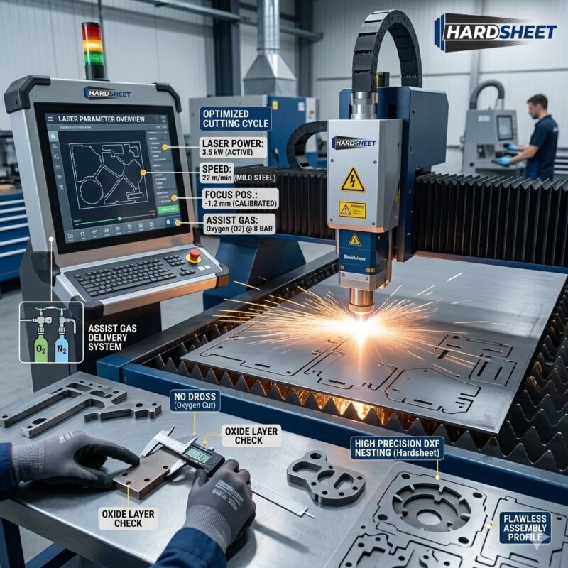 Calibrating fiber laser cutting machine parameters and nozzle focus for clean sheet metal production.