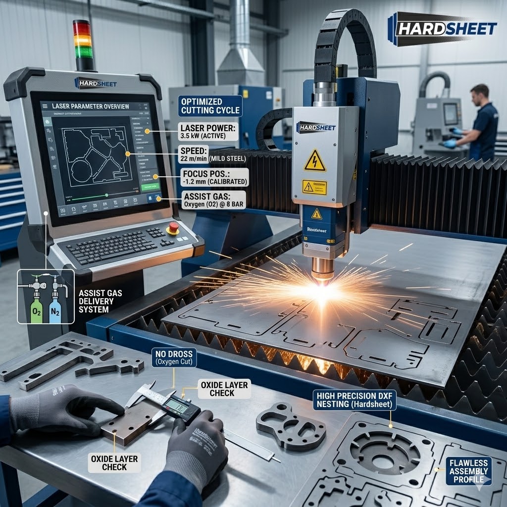 Calibrating fiber laser cutting machine parameters and nozzle focus for clean sheet metal production.
