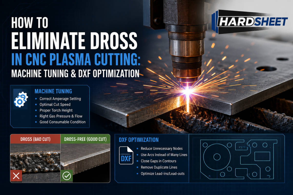 Optimizing CNC plasma cutting parameters and DXF corner paths to eliminate dross and slag on mild steel.