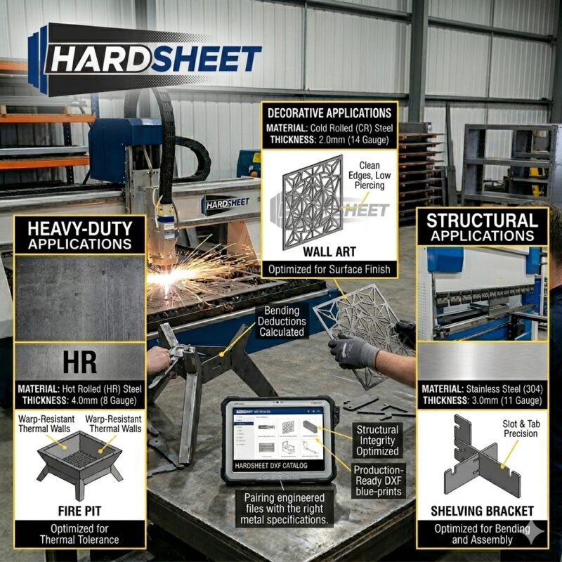Technical sheet metal thickness gauge and material selection guide for CNC laser cutting DXF projects.