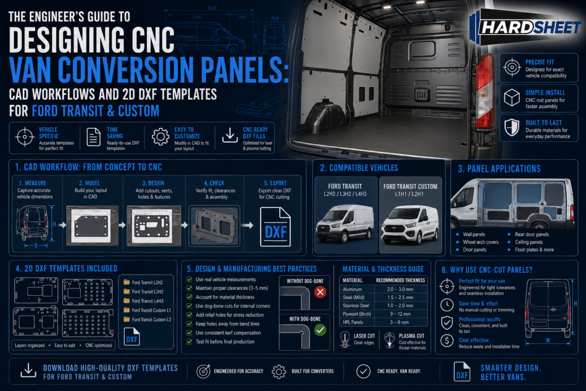 Technical infographic showing a CNC router cutting plywood van interior lining panels based on a precision 2D DXF template for a Ford Transit conversion.