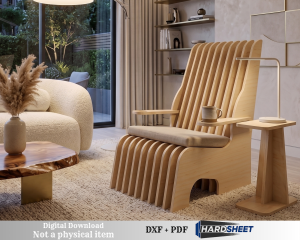 Modern interlocking lounge chair made from 18mm plywood, featuring a CNC-cut slot-together design displayed in a stylish contemporary living room.