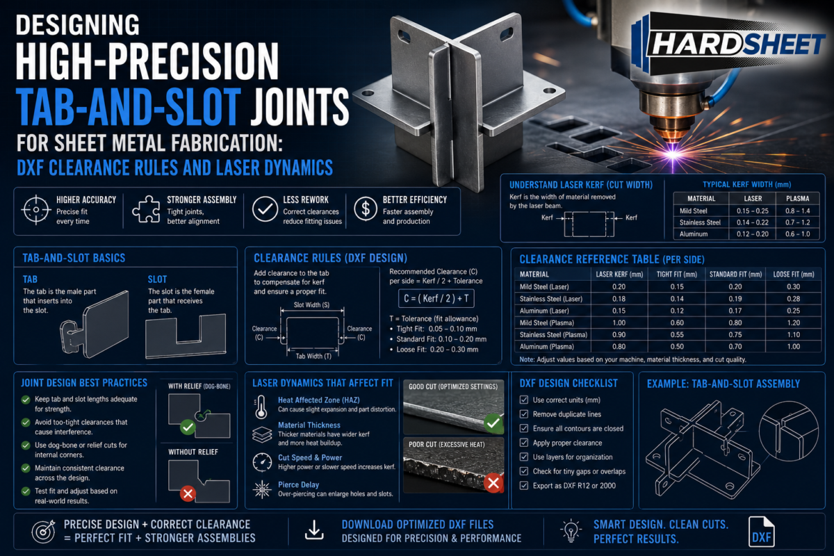 Technical infographic illustrating precision tab-and-slot design mechanics, laser kerf clearances, and dog-bone corner relief vectors for interlocking sheet metal DXF templates.