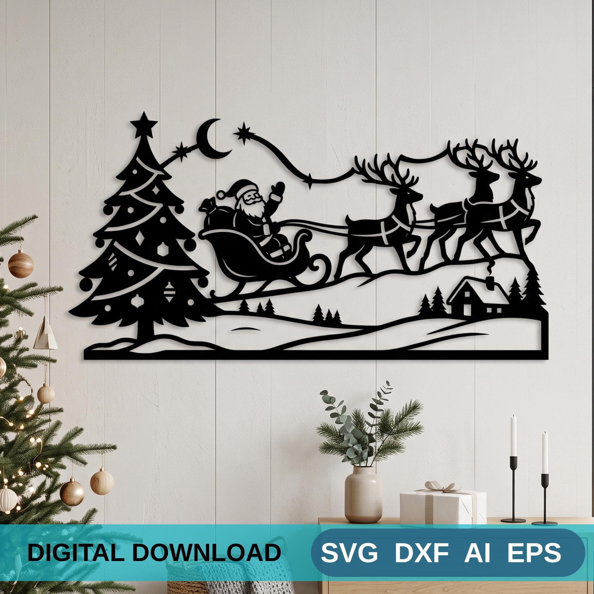 il_fullxfull.8378637046_clf7.jpg Christmas Santa Sleigh Reindeer Wall Art DXF SVG Cut File - Image 1