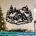 Christmas Village DXF SVG Wall Decor, Snowy Winter Scene Design