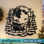 Christmas Santa Sleigh DXF SVG Full Moon Snowy Pines Decor