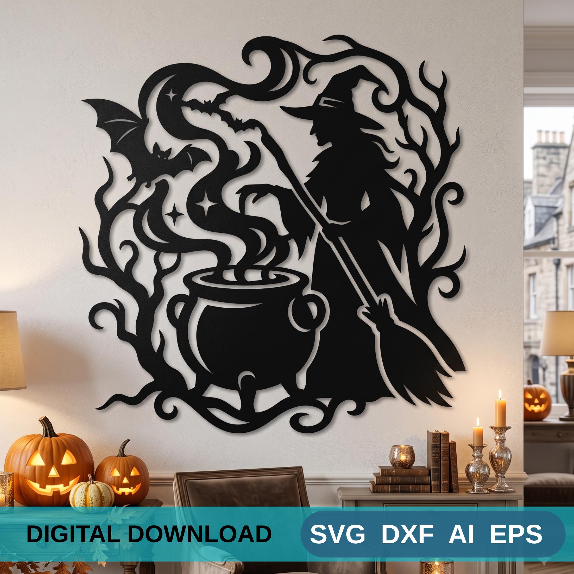 il_fullxfull.8416121419_ezcd.jpg Halloween Witch Wall Art DXF SVG Cut File Cauldron - Image 1