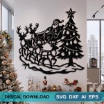 Christmas Santa Reindeer Tree DXF SVG Wall Decor, Sleigh Design